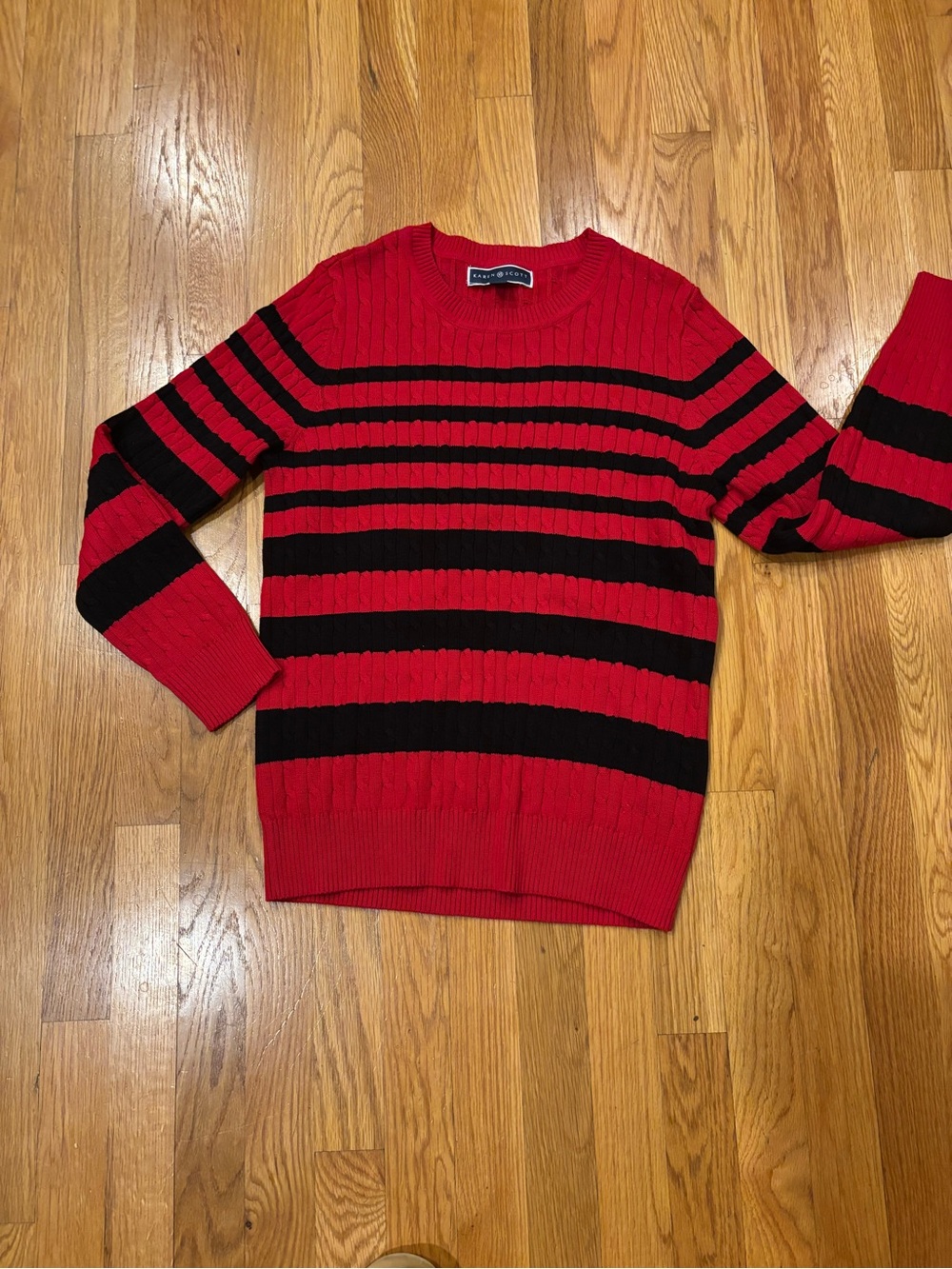 Karen Scott Red and Black Striped Crewneck Sweater